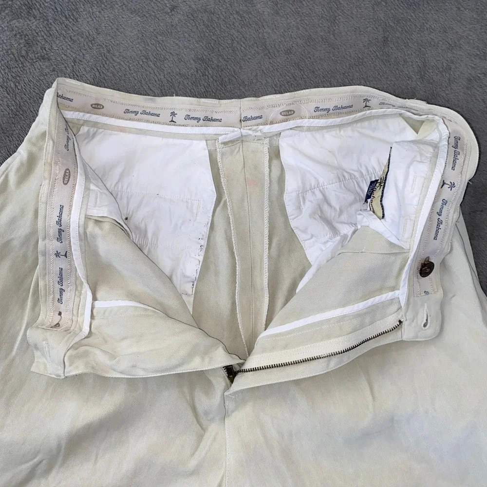 Tommy Bahama Pants Men 34 Cream Silk Relax Double Pleated Herringbone Trousers